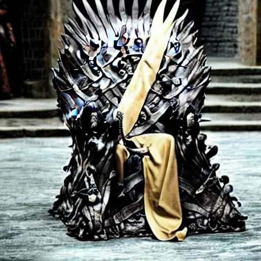 Image similar to cookie monster in game of thrones. sitting on the iron throne. looking evil.