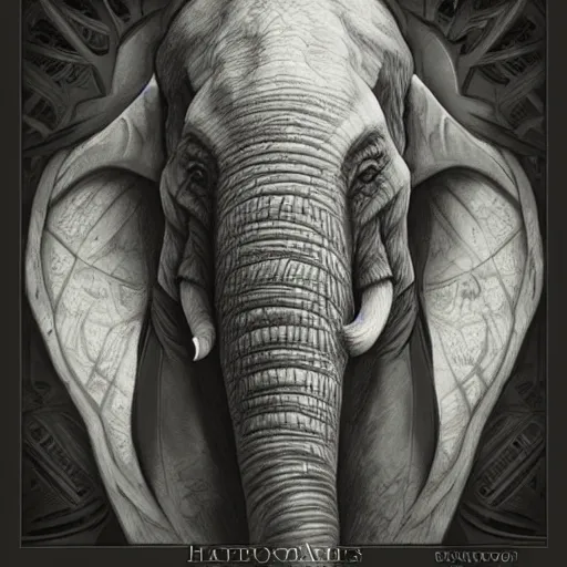 Image similar to Warlock with elephant traits. Character portrait, face close-up, of an anthro elephant warlock in the style of Bastien Lecouffe-Deharme