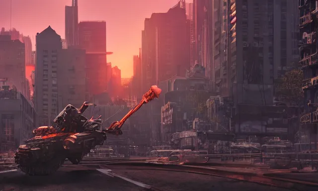 Prompt: Mech defending the city at sunset, photorealistic, hyperrealistic, digital illustrations, concept art, photoreal, cinematic lighting, 30mm film, highly detailed, intricate, award-winning, dark, gritty, beautiful colors, hdr, rendered in Octane, rendered in Unreal engine, 4k, ultra hd