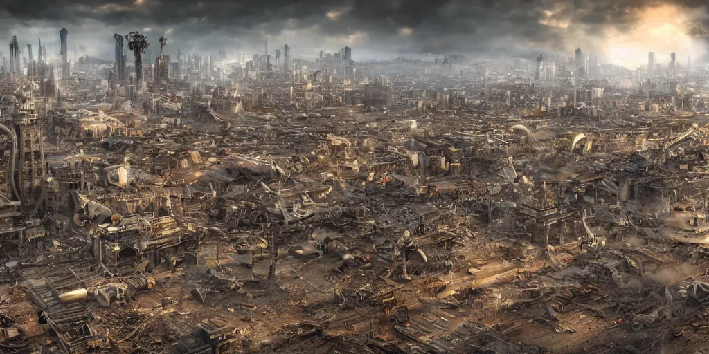 Image similar to steampunk city skyline destroyed by tsunami, waves crashing everywhere, aerial view, cinematic wide shot, high detail, realistic style