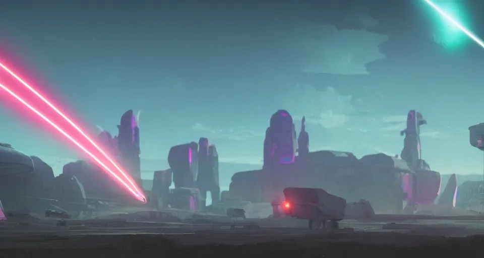 Image similar to Low orbital laser cannon shooting a neon beam down on the landscape, neon laser cannon, cinematic, rendered by simon stålenhag, rendered by Beeple, Makoto Shinkai, syd meade, star wars, inspired by Gundam, environment concept, digital art, unreal engine, 3 point perspective, WLOP, trending on artstation, low level, 4K UHD image, octane render,