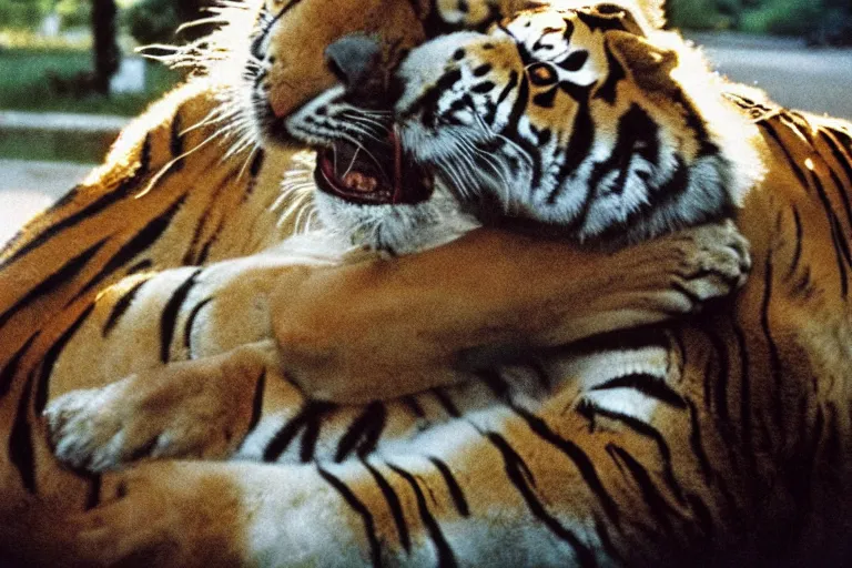 Image similar to close-up color film photography 1970s, girl hugs a tiger, soft light, 35mm, film photo, Joel Meyerowitz