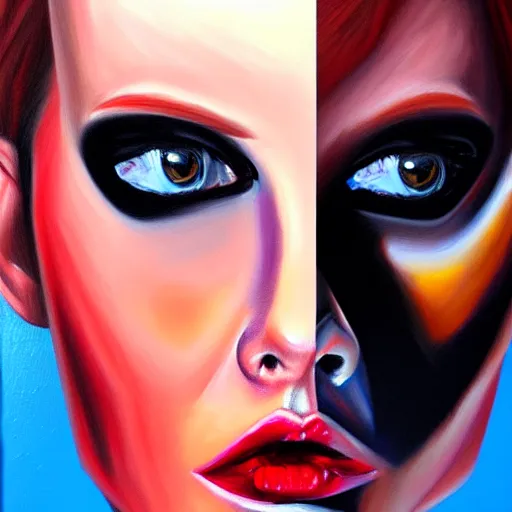 Image similar to hyperrealism oil painting, fashion model with half robot face