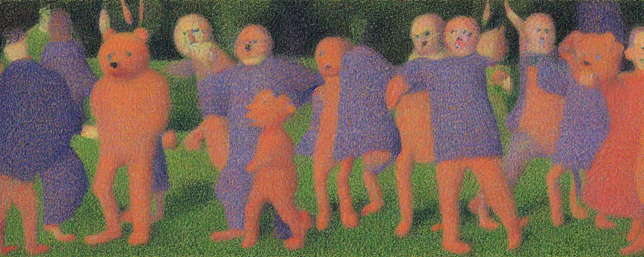 Image similar to teddy bear shakespeare in the park, from the terrifying and incomprehensible beyond, body horror, by david hockney, seurat