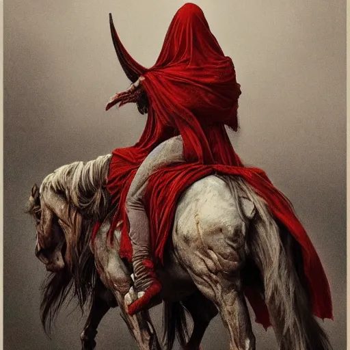 Image similar to a masterpiece! photographic portrait of a a cloaked woman riding the back of a scarlet - colored beast with seven heads!! and ten horns!! by gustave dore and sam spratt and allen williams, trending on artstation, cgsociety, 8 k hd, earthtone colors,