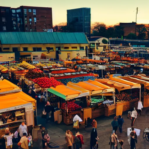 Image similar to film still, establishing shot of bustling farmers market, golden hour, high angle