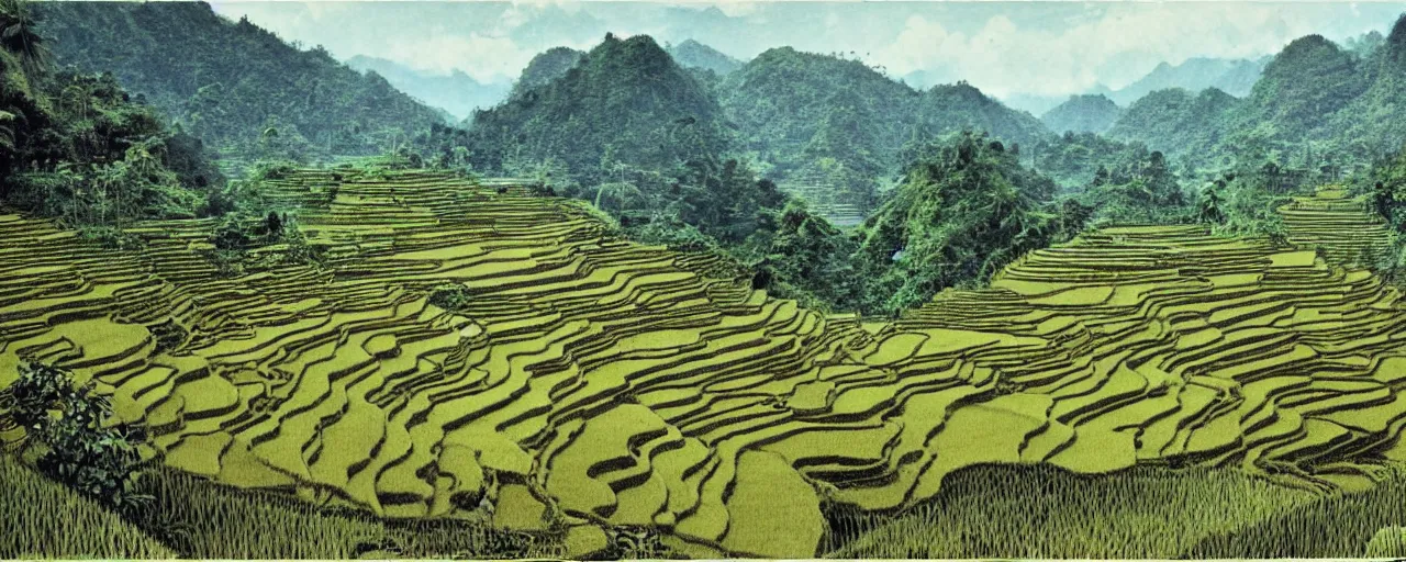 Prompt: a 2D drawing of a beautiful Philippine landscape of the Ifugao Rice Terraces, majestic and exotic by hiroshi yoshida