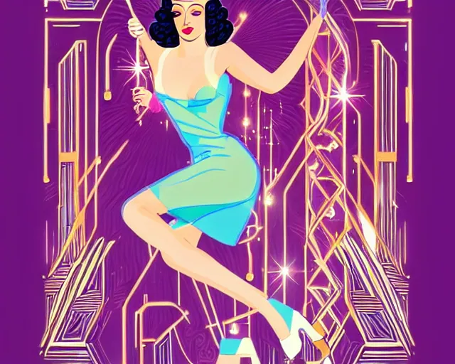 Image similar to teenage cher dancing in art deco style, champagne commercial, artstation, illustration, bright, cheerful, detailed and intricate environment