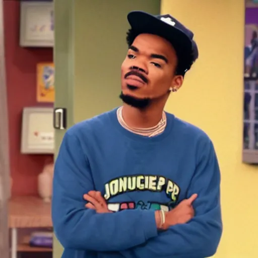 Image similar to a tv still of Chance The Rapper starring as a black college student at Jones College Prep in a 1993 sitcom