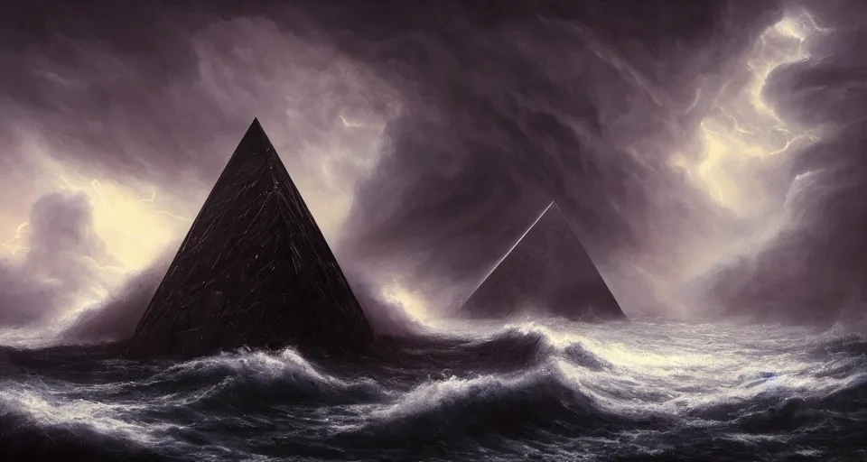 Image similar to black lovecraftian eldritch!! obsidian pyramid!! on a snowy island surrounded by raging stormy seas by eugene von guerard, ivan shishkin, night, red lightning!!, storm, dramatic lighting, concept art, trending on artstation, 8 k