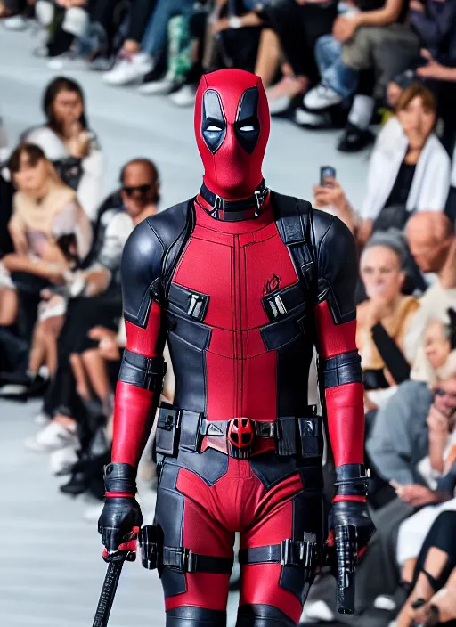 Image similar to hyperrealistic and heavy detailed balenciaga runway show of deadpool, leica sl 2 5 0 mm, vivid color, high quality, high textured, real life