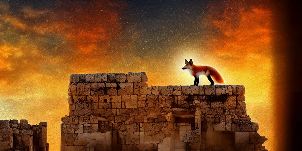 Image similar to A beautiful small fox in the huge ruins of the second temple in Jerusalem :: Dreamy sky :: The third temple hovers quietly in the sky above :: Very colorful painting 8k trending on art station :: Intricate details, very realistic, cinematic lighting, volumetric lighting, photographic blur bokeh defocus dof sky