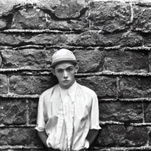 Prompt: A terrified young man in 1930s attire cornered with his back against a stone wall