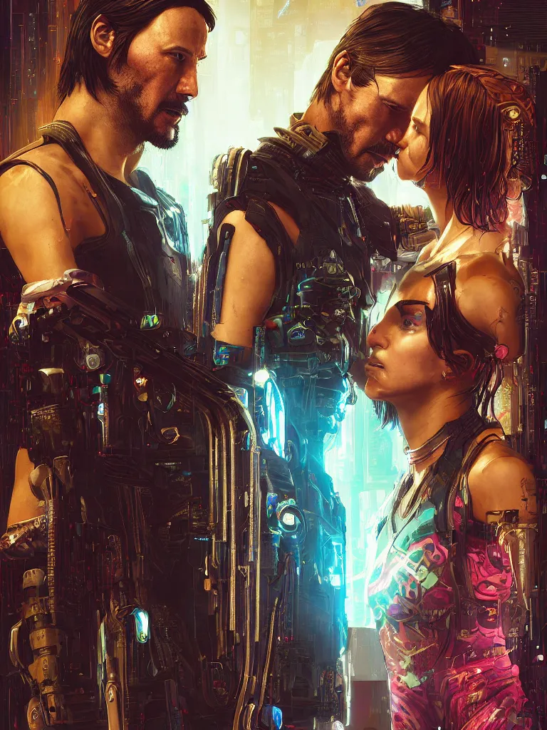 Image similar to a cyberpunk 2077 wedding couple portrait of Keanu Reeves and V kissed,love,film lighting,by Lawrence Alma-Tadema,Andrei Riabovitchev,Laurie Greasley,Dan Mumford, John Wick,Speed,Replicas,artstation,deviantart,FAN ART,full of color,Digital painting,face enhance,highly detailed,8K,octane,golden ratio,cinematic lighting