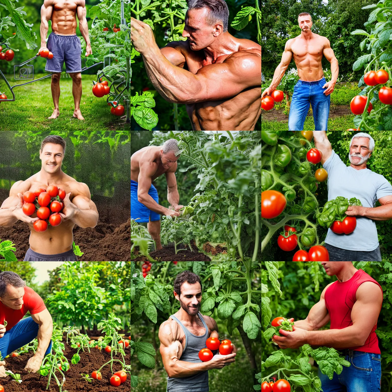 Prompt: muscular man growing tomatoes in his garden, high resolution photography
