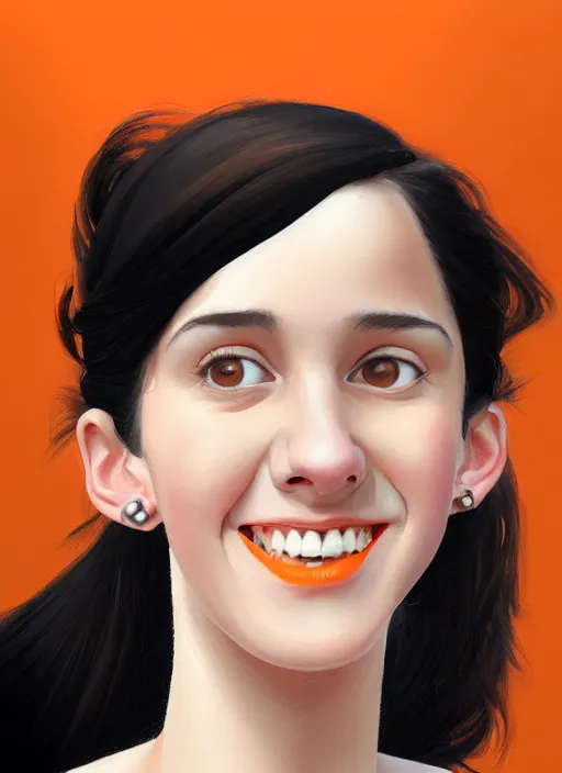 Image similar to portrait of high school girl, realistic, black hair, bangs, half updo hairstyle, pointy nose, skinny, smile, ugly, defined jawline, big chin, orange hair bow, earrings, intricate, elegant, riverdale, highly detailed, digital painting, artstation, sharp focus, illustration, art by wlop, mars ravelo and greg rutkowski