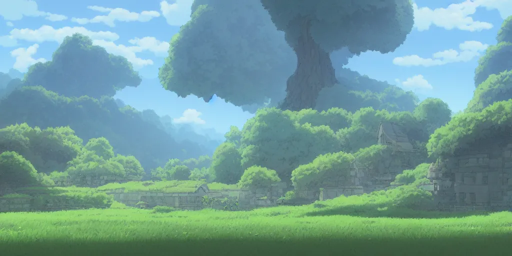 Image similar to landscape, morning, quiet, no people, Ghibli, Anime Background, Miyazaki Hayao, concept art, illustration,smooth, sharp focus, intricate, super wide angle, trending on artstation, trending on deviantart, pixelart