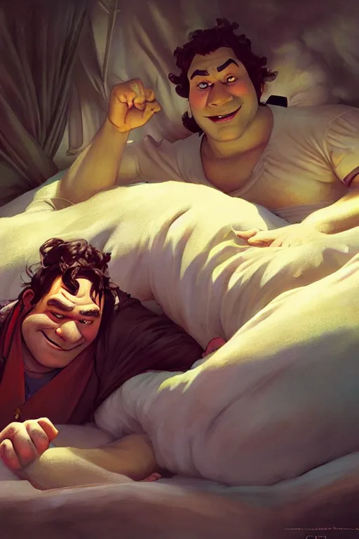 Image similar to pushkin and shrek lying in bed together, portrait, highly detailed, digital painting, artstation, concept art, smooth, sharp focus, illustration, cinematic lighting, art by artgerm and greg rutkowski and alphonse mucha