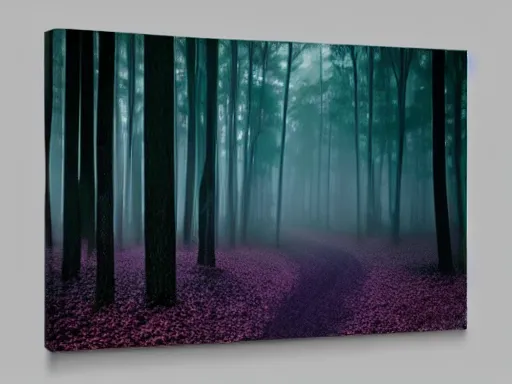 Image similar to a misty forest, futuresynth design, dark purple color scheme, 4 k