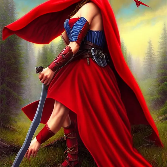 Image similar to beautiful!! red riding hood warrior artgerm anne stokes highly detailed 8 k hdr smooth sharp focus high resolution award - winning photo photorealistic