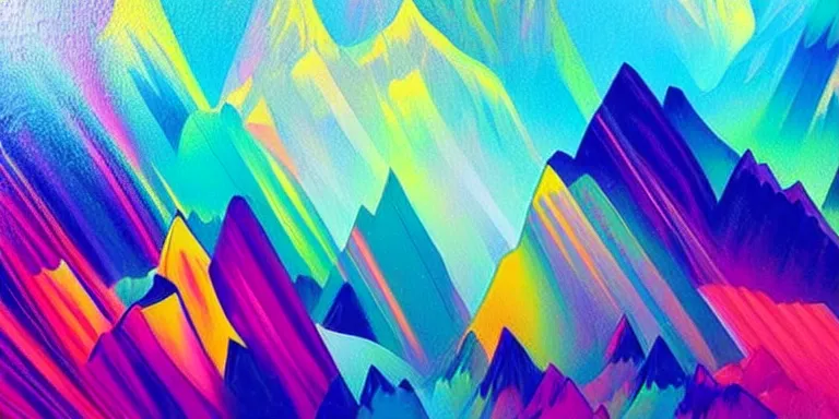 Prompt: a beautiful abstract painting of mountains made of nebula with vibrant colors geometric brushstrokes