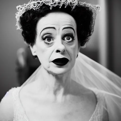 Prompt: dslr photo portrait still of elsa lanchester as the bride, 8 5 mm, f 1. 8,