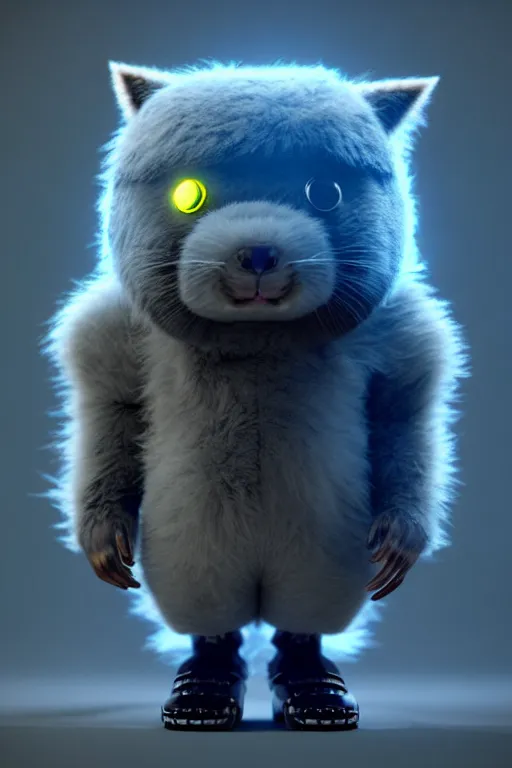 Prompt: high quality 3 d render sci - fi very cute fluffy! wombat!! cyborg soldier dancing, mechanical legs, cyberpunk mask!, highly detailed, unreal engine cinematic smooth, in the style of detective pikachu, hannah yata charlie immer, dark blue neon light, low angle, uhd 8 k, sharp focus