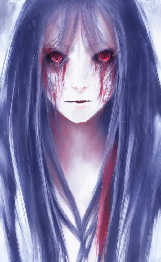 Image similar to ''female anime character, blue long hair, red eyes, creepy eyes, creepy art, dark, character concept, digital painting, concept, 4 k''