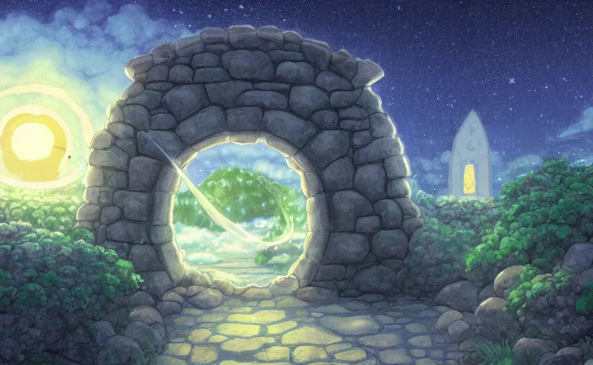 Image similar to a cell - shaded studio ghibli concept art study of a square dimensional portal doorway in egpyt on a misty starry night. water is flowing out of the mouth of the portal. very dull colors, hd, 4 k, hq