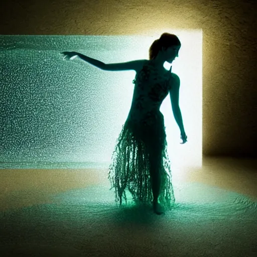 Image similar to woman dancing underwater wearing a dress made of seaweed that is flowing in the current, lighting with caustics from sunlight, cinematic, photorealistic