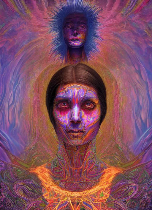 Image similar to portrait ultra dimensional cult girl shaman, accidentally tripping on dmt and acid, psychedelic experience, overwhelming psychosis of self realization and burning awakening, ultra high definition, unreal engine 5, hyperrealism, masterpiece composition, by peter kemp, casey weldon, barclay shaw