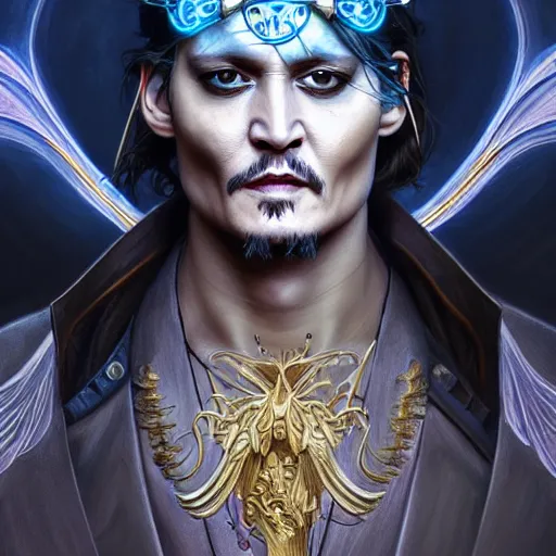 Prompt: johnny depp!! angel of battle lucius wearing a white periwinkle, sci fi, glowing eyes, volumetric lights, gold theme, art nouveau botanicals, intricate, highly detailed, digital painting, artstation, concept art, smooth, sharp focus, cinematic, illustration, beautiful face, art by artgerm and greg rutkowski and alphonse mucha