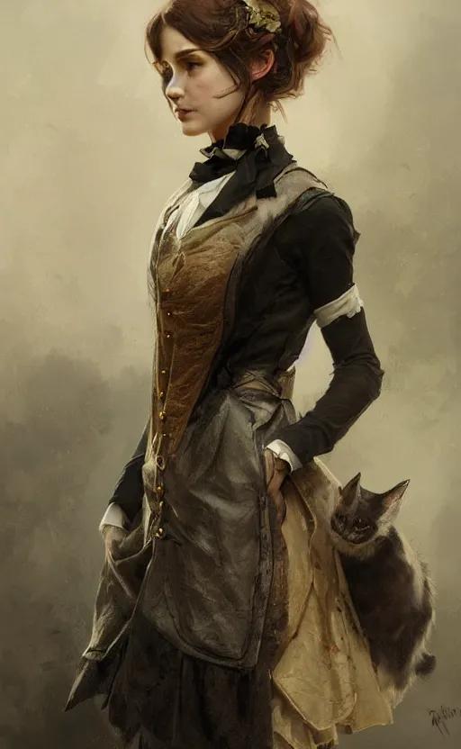 Image similar to Portrait of a victorian catgirl wearing a waistcoat, female, detailed face, victorian, highly detailed, cinematic lighting, digital art painting by greg rutkowski
