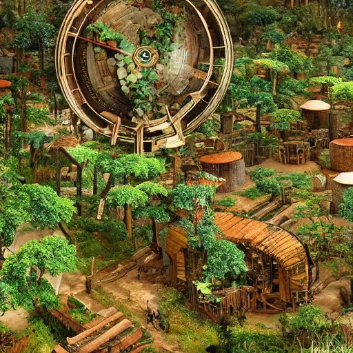 Image similar to A tribal village inside a clockwork dome, detailed and fully realized immersive dystopian verdant reclamation or natural ways, realistic, natural rusted technology