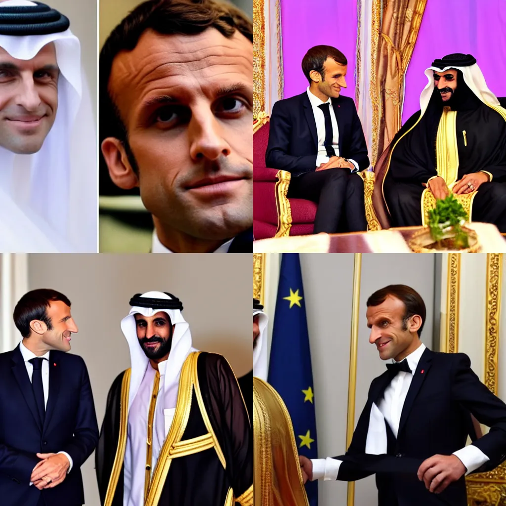 Prompt: a photo of Emmanuel Macron dressed as a Qatari prince
