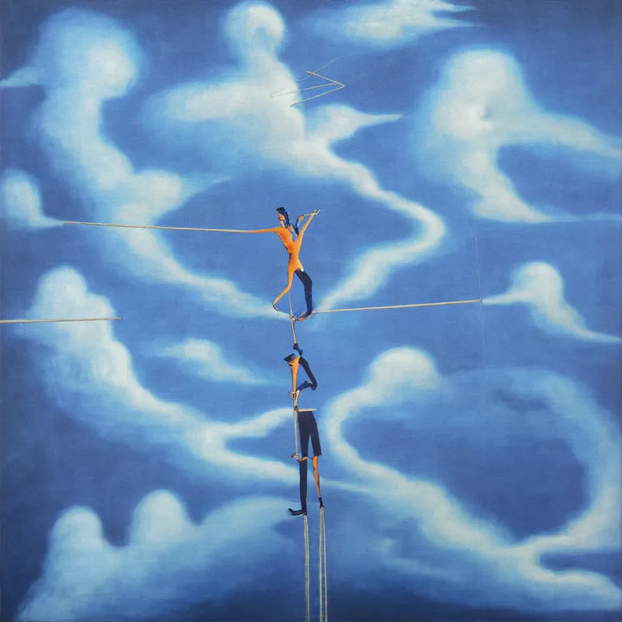 Image similar to surrealist artwork about a tightrope walker among the clouds falling down into a megacity full of illusions '. blue indigo colour scheme