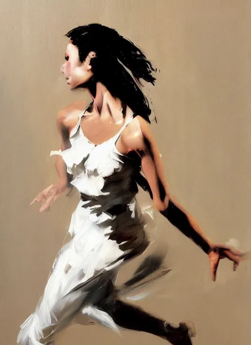 Image similar to sensual tango dancer girl in white dress, painting by phil hale, fransico goya, action lines, graphic style, visible brushstrokes, motion blur, blurry, visible paint texture, crisp hd image