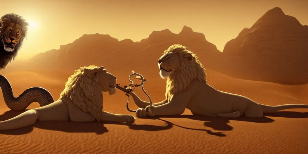 Image similar to a wise old man with a long white beard riding a lion in the desert, the man in holding a snake as though it where handlebars and the lion is holding the snake in its mouth, epic cinematic establishing shot, dramatic lighting