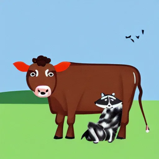 Prompt: picture of a cow and a raccoon