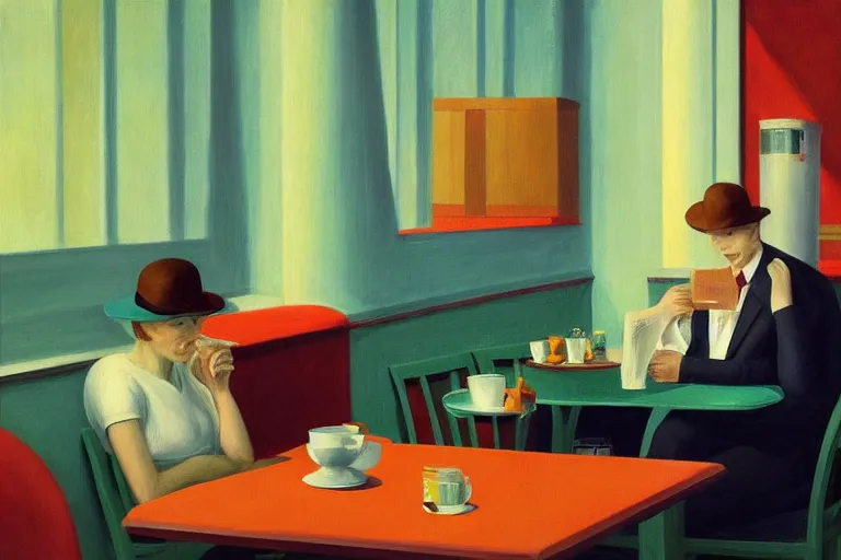 Prompt: hideous cronenberg monsters relaxing at a cafe. a waiter is pouring coffee. one monster is reading a newspaper. painting by edward hopper, 3 d rendering by beeple, 8 k, comfy