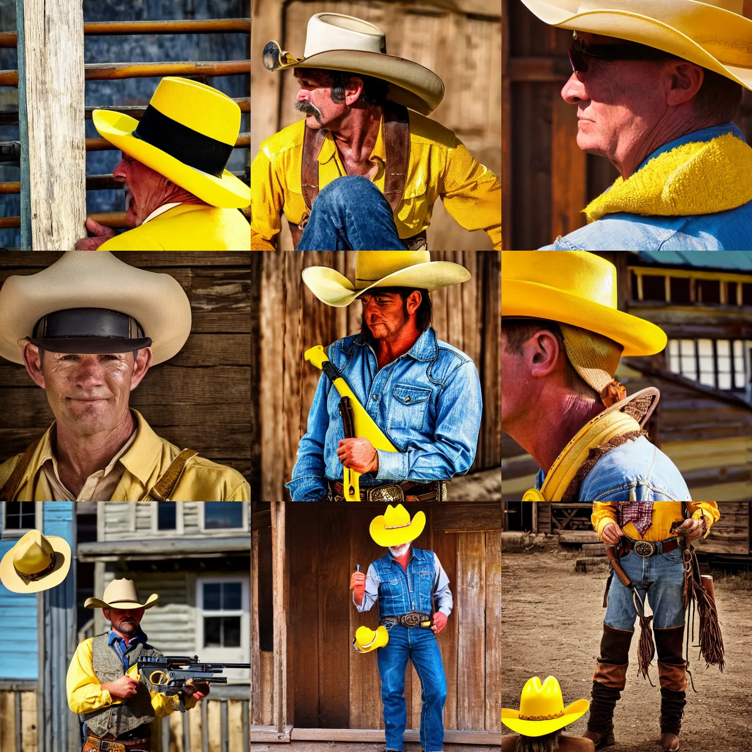 Prompt: cowboy wearing funny yellow hat holding shotgun in old western town historical photo 4k