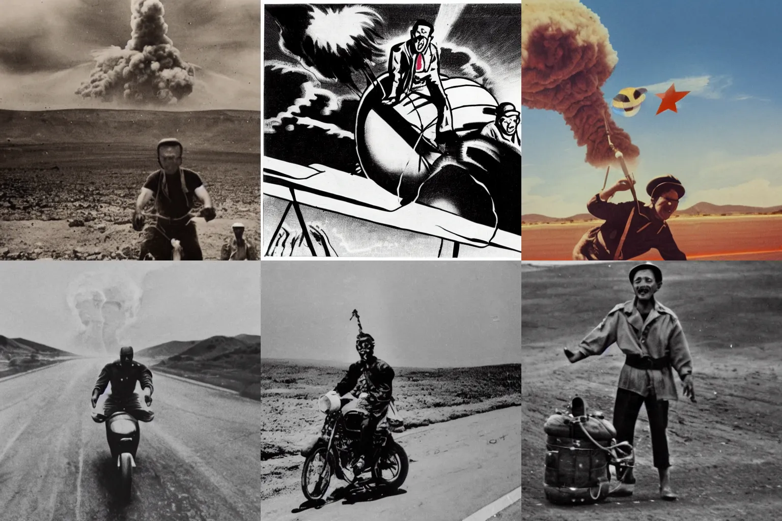 Prompt: photo of a man riding an atomic bomb on the road and cheering, 4K