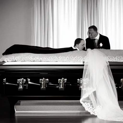 Prompt: a bride and groom sit on top of a casket at a funeral, wedding photo