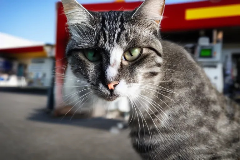 Prompt: cat smoking a cigarette in the gas station wide angle lens