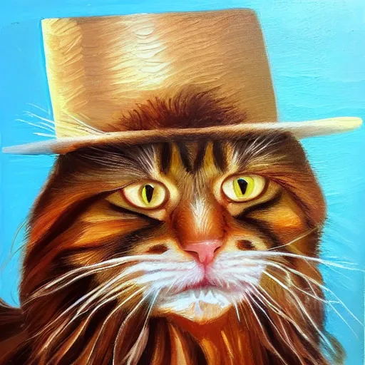 Prompt: Portrait Oil Painting, Ginger Ginger Ginger Maine-Coon with a white white white beard wearing a sombrero sombrero sombrero sombrero sombrero