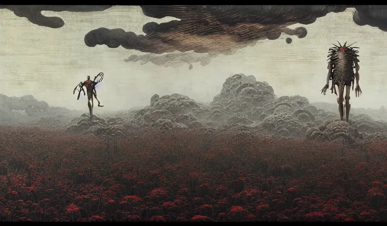 Image similar to still frame from Prometheus by Jakub rozalski by utagawa kuniyoshi by Yves Tanguy, Vast blossoming hell plains with resurrecting arcane glowing mycelium biomechanical giger cyborgs in style of Jakub rozalski with character designs by Neri Oxman, metal couture haute couture editorial