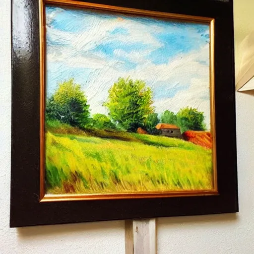 Prompt: A house on the country side next to a field, a birch tree, sunny weather, windy, very detailled painting