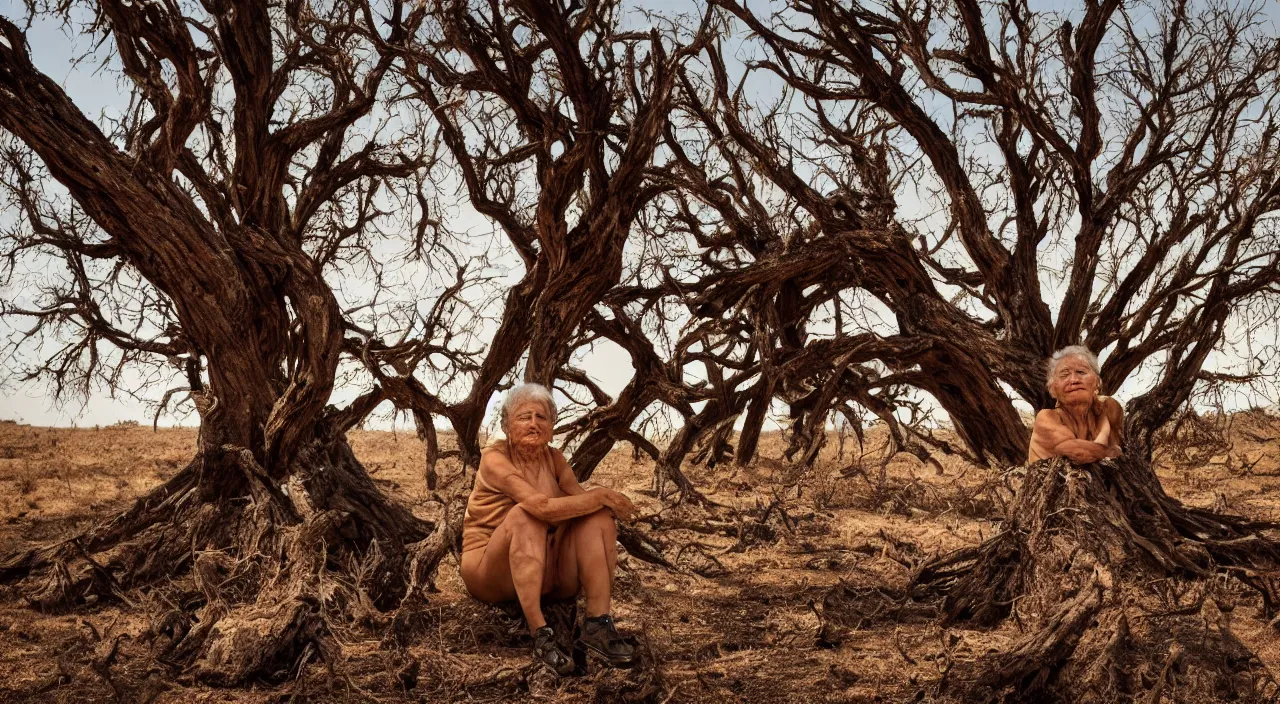 Image similar to full shot of a 65-year-old Gaia, visible tears on her face, facing the camera and sitting on a dried up river in a desolate land, dead trees, blue sky, hot and sunny, highly-detailed, elegant, dramatic lighting, artstation, 4k, cinematic landscape, photograph by Elisabeth Gadd