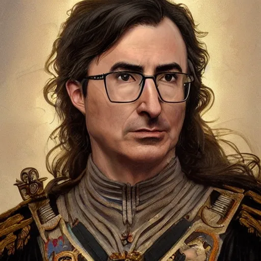 Image similar to portrait of stoic looking john oliver as the vigo carpathian painting, military uniform, fantasy, intricate, elegant, highly detailed, centered, dark, smokey, digital painting, artstation, concept art, smooth, sharp focus, illustration, art by artgerm and greg rutkowski and alphonse mucha