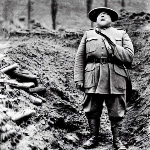 Image similar to Fat guy as a soldier, ww1 trench, war photo, film grain